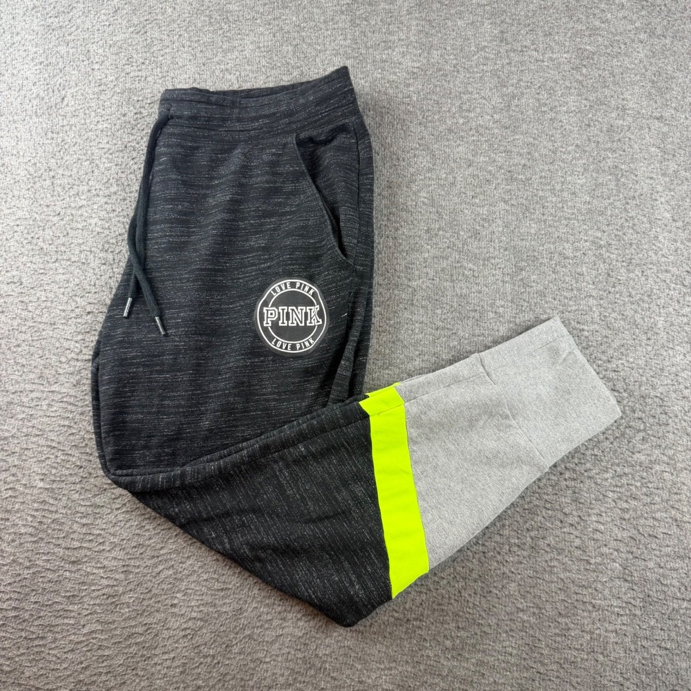 PINK Victoria's Secret Joggers Women's L Black Gray Neon Yellow Colorblock Pants